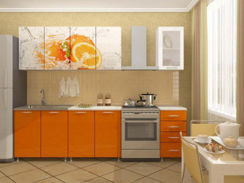 Кухонный гарнитур 1,6м Апельсин (Белый/Оранжевый металлик/Фотопечать апельсин) в Мичуринском - michurinskij.mebel54.com | фото